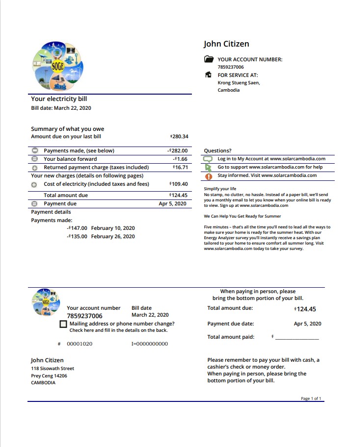 Cambodia Solar Green Energy Cambodia Co utility bill template in Word and PDF format